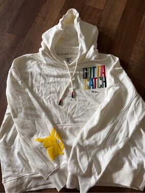 Pokemon White Hoodie with Multicolor 'Gotta Catch' and Yellow Pikachu